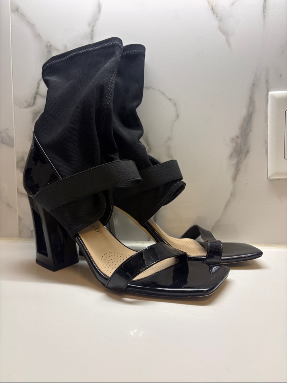 Women's Black Patent Block-Heel Sandals with “Sock Boot” style ankle